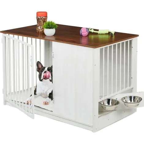 Prix avantageux - Relaxdays – Cage pour chien en MDF et acier – Dimensions H x L x P 65,5 x 102 x 60 cm – 2 écuelles pivotantes – Meuble esthétique blanc/marron
