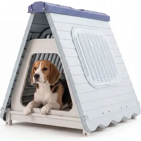 Niche pour Chien Exterieur Interieur en PP, Cabane Chien Exterieur Pliable, Porte à Rabat Verrouillable, pour Petits & Moyens, 72 x 60 x 68 cm, Bleu | Coup de cœur