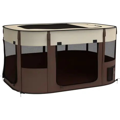 Excellente qualité | Parc pliable pour animaux de compagnie parc pour chiots en tissu Oxford avec fenêtres et portes sac de rangement marron