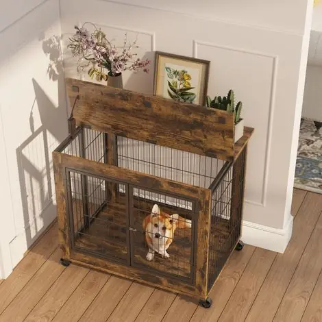 Réduction | Cage pour chien style meuble avec double porte, toit ouvrant, roulettes, marron et noir DESVIAE
