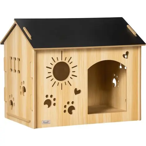 Niche d‘intérieur pour chien avec cadre en bois et ouvertures en forme de patte. de cœur et d‘os. en chêne | Se termine bientôt