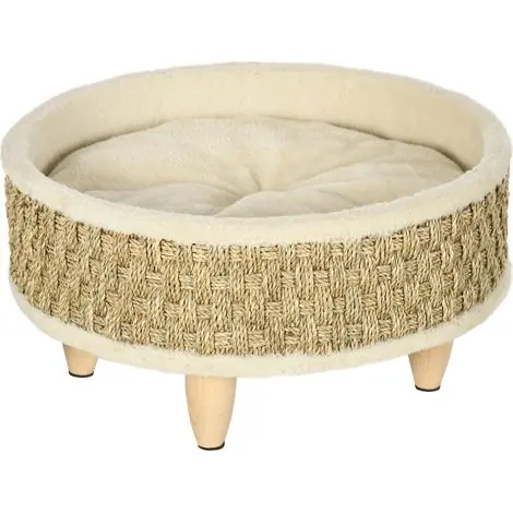 Disponible - Panier pour chats et chiens, en jonc de mer, coussin lavable, 48 cm x 48 cm x 24,5 cm, beige et kaki naturel