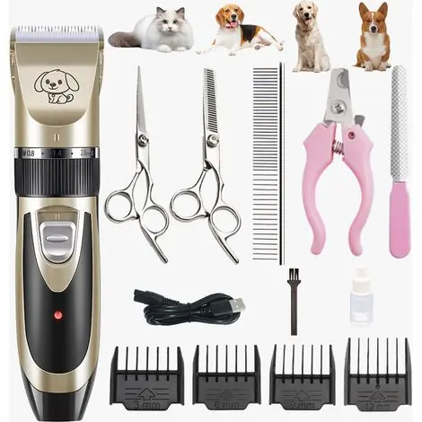 Très bien noté - Rechargeable tondeuse professionnelle pour animaux de compagnie avec accessoires ， amovibles et lavables ， pour chiens, chats （or noir）