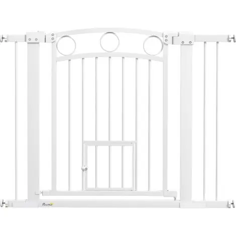 Commandez dès maintenant | Haustiertor 77 cm de hauteur. Porte réglable en largeur, de 76 à 104 cm. Conçue pour être utilisée sur les escaliers et les ouvertures des portes. Couleur blanche.