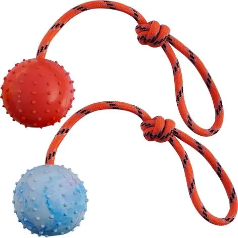Soldes | 2 Pcs Jouet pour Chien et Chat Balle avec Corde,Boule Creuse en Caoutchouc Naturel pour Attraper, Lancer et Remorquer la Guerre, Pas pour Les Chiens à Forte Mastication (S, Blanc + Rouge)