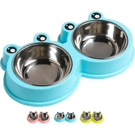 Gamelles doubles pour chiens et chats, en acier inoxydable de qualité supérieure, antidérapantes et au design mignon, pour l‘eau et la nourriture des animaux (forblue). - Prix malin