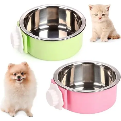 Lot de 2 gamelles suspendues en acier inoxydable - Amovibles - Pour chiens, chats, oiseaux et rongeurs - Vert et rose - Gamelle pour cage | Nouveauté