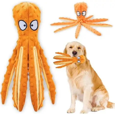 Dernier arrivage | Jouet interactif pour chien Squeaky Dog, pieuvre à mâcher sans rembourrage avec papier crissant pour chiens moyens et grands.