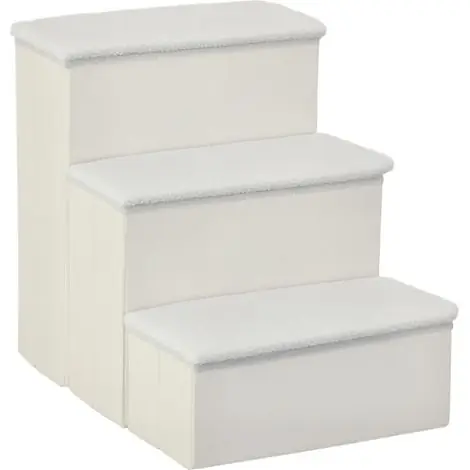 Disponible | Escalier pour chien animaux pliable rampe 3 marches polaire amovible coffre interne rangement dim. 51L x 40l x 50H cm MDF polaire blanc