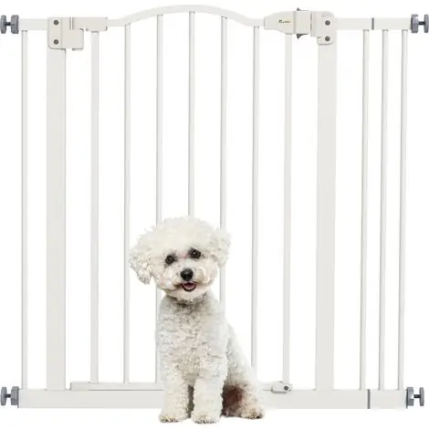 Irovami Barrière de sécurité pour animaux de compagnie en métal blanc, réglable de 74 à 87 cm, avec porte à fermeture automatique. - Achetez dès aujourd'hui