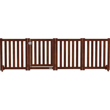 Barrière de sécurité chien pliable double face en bois. 4 panneaux avec porte. pieds de support. 205 x 60 cm. marron | Nouveauté