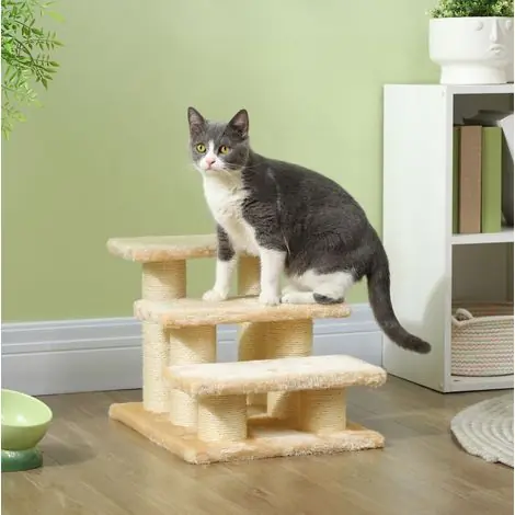 Dernier arrivage | Escalier pour chat beige avec griffoirs en sisal, hauteur de marche 11 cm, OKWISH