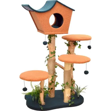 Fudajo Arbre à chat - 135 cm de haut - design végétal avec lierre et fougères - Meuble grattage félin peluche - Couleur vert-orange - avec Cabane asymétrique, sisal, niche et plate-forme, balles - Haute qualité