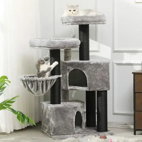 Offre du jour | Msmask – Arbre à chat stable avec griffoir en sisal – 2 plateformes d‘observation – Pour grands chats – Gris et noir