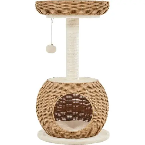 Promo exceptionnelle - Yaheetech – Arbre à chat rotin 75 cm – Cachette ronde et panier supérieur – Griffoir en sisal – Jouet pompon avec clochette – Beige