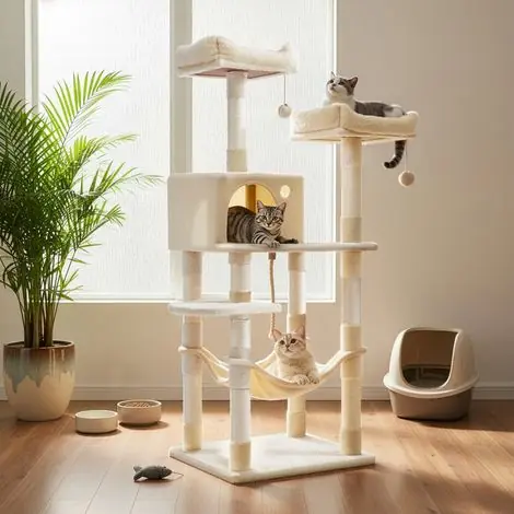 Liquidation | Arbre à Chat 141.8 cm, Tissu Peluche, 11 Poteaux à Griffer, 2 Pompons, 2 Plateformes, 1 Hamac,1 Niche, Beige