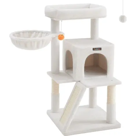 Feandrea – Arbre à chat 96 cm avec grande plate-forme – Panneaux d’aggloméré et tissu peluche – Niche à 2 portes et planche à griffer – Pour jusqu‘à 3 chats - Plus que quelques jours