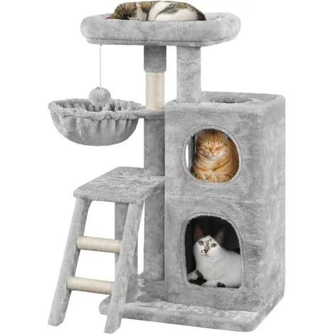 Yaheetech – Arbre à chat 94cm gris clair – Multiniveau avec niches et panier – Poteaux en sisal pour griffer – Accessoires inclus - Meilleure vente