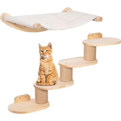 Économisez maintenant | Todeco – Mur d‘escalade mural pour chat – Échelle 2 en 1 avec hamac et rayures en jute – 4 niveaux – Tapis antidérapant – Installation facile