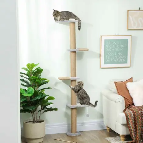 Arbre à chat mural à 5 niveaux, griffoir étroit avec balle et poteaux à griffer, 48 x 21 x 180 cm, gris clair - En stock
