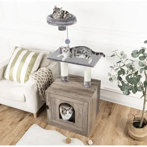 Tout juste arrivé | Hoobro – Arbre à chat moderne 2-en-1 avec maison de toilettes – Dimensions 52 x 45 x 128 cm – Poteaux à griffer en sisal – Couleur grège