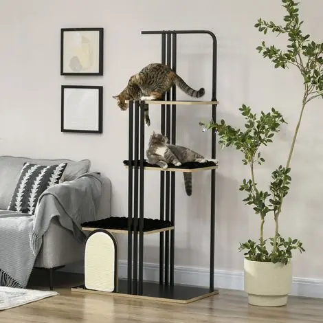Arbre à chat, design industriel, 3 plateformes, 2 coussins, mur à griffer, structure en acier, noir, 85 x 48 x 170 cm - Fin de série