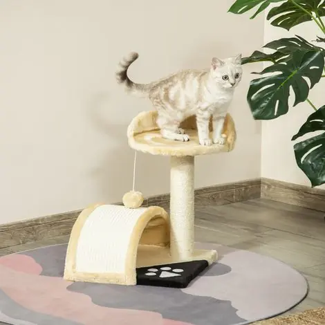 Disponible à la commande | Arbre à chat pour petits chats, hauteur 46 cm, 2 niveaux, avec griffoir, planche, plateformes et balle suspendue, 35,5 x 37 x 46 cm, beige
