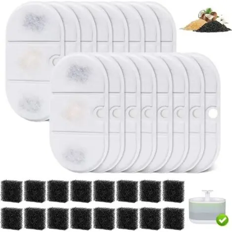 Offre exceptionnelle | Filtres pour Fontaine à Chat, Lot de 16 filtres et 16 éponges en Résine et Charbon Actif, compatible avec Fontaine à eau pour Chat de 2,1 l PLWF002