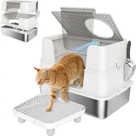 Liquidation | Bac à Litière XL en Acier Inoxydable pour Grand Chat. Couvercle Pivotant 100°. Pelle. 60.2x40.2x44.5cm. Gris Clair
