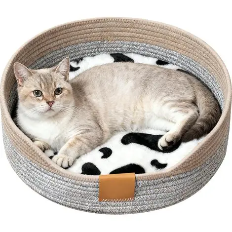 Lit pour chat avec coussin, lavable, panier pour chat, en cordes de coton, panier pour dormir, diamètre 38 cm, hauteur 13 cm, panier pour animal domestique, panier pour chat, panier tressé | Très demandé