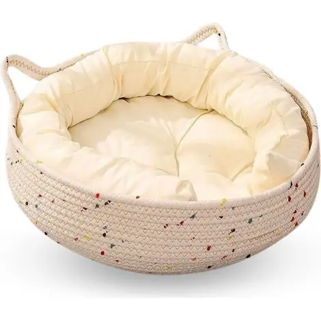 Bon plan - Nid pour chats d’intérieur – panier rond lavable avec coussin moelleux et côtés grattables, confortable lit tissé pour chatons, dimensions 45 × 15 cm (17,7 × 5,9 pouces)