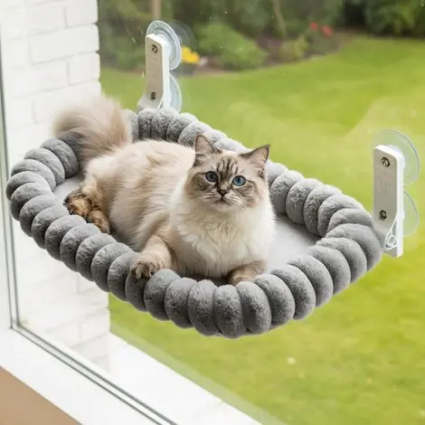 Qualité professionnelle - Hamac Chat Fenetre avec 4 Ventouses, Perchoir Chat Fenetre, Lit Peluche Pliable et Réversible, Cadre Acier Épais Solide, Facile à Démonter, Supporte jusqu‘à 18kg, M(52x30cm), Gris