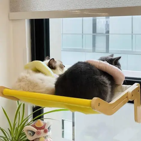 En stock | Hamac pour chat avec perchoir de fenêtre, lit pour chat facile à assembler, jusqu‘à 18 kg (jaune/gris)