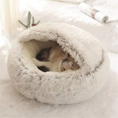Lit Rond Moelleux pour Chat - en Peluche Douce - avec Capuche - pour l‘hiver - Antidérapant - Lavable en Machin,Café,50 cm - Disponible maintenant