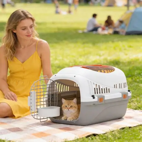Cage de transport en plastique pour chats et petits chiens jusqu‘à 4 kg avec fenêtre sur le dessus. 49 x 32 x 31 cm. Grise. | Prêt à expédier
