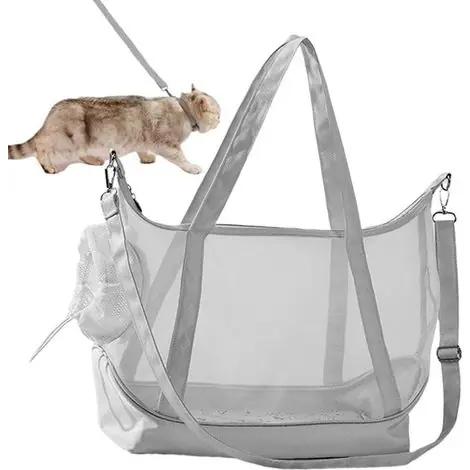 Coup de cœur des clients | Sac de transport pour chat avec fenêtre, sac de voyage en maille respirante pour chats et petits chiens, bandoulière, laisse de sécurité et espace confortable, gris