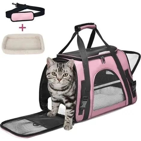 (rose)Sac Transport Chat Chien,Respirant et Pliable Caisse De Transport Chat avec Tapis Amovible Doux et Bandoulière-rose, pour Voyage | Disponible à la commande