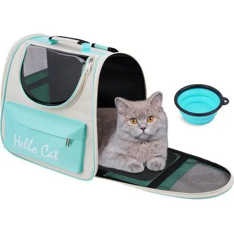 Coup de cœur | Sac à Dos Transport Chat Chien, Spacieux et respirant sac de voyage pour animaux de compagnie avec bol, Convient aux petits et moyens chiens et chats, Camping Randonnées Voiture Restaurant(Vert)